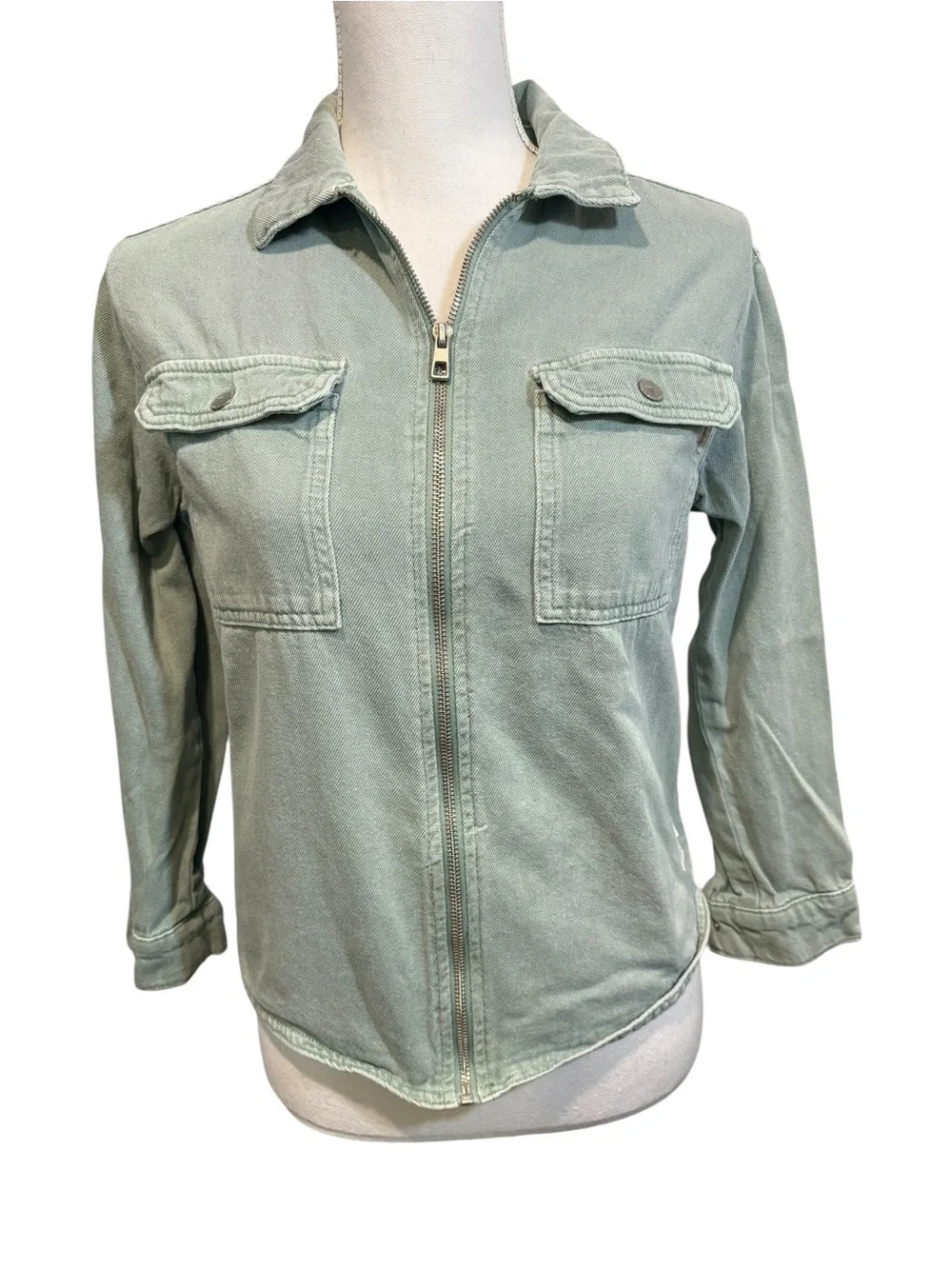 Zara Light Green Zip Up Denim Shirt Jacket.  Size 9/10
